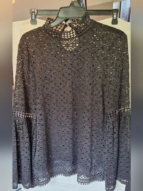 Cable & Gauge Black Eyelet Lace Blouse Large Boho Bell Sleeve Top